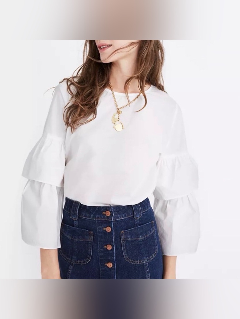 Madewell Tiered Puff Sleeve Cotton Blouse in White Puff XL